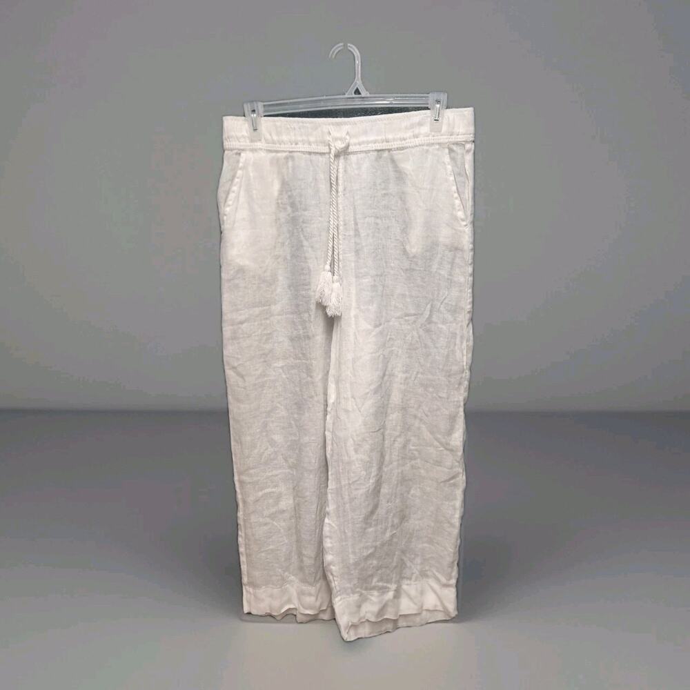 Cynthia Rowley 100% Linen Wide Leg Pant Cropped XL Bright White Semi Sheer Beach